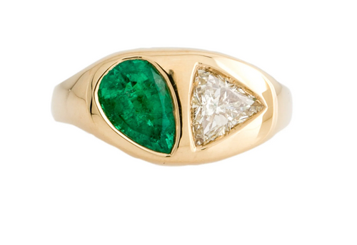 COLOMBIAN EMERALD AND DIAMOND TWO STONE DOME RING