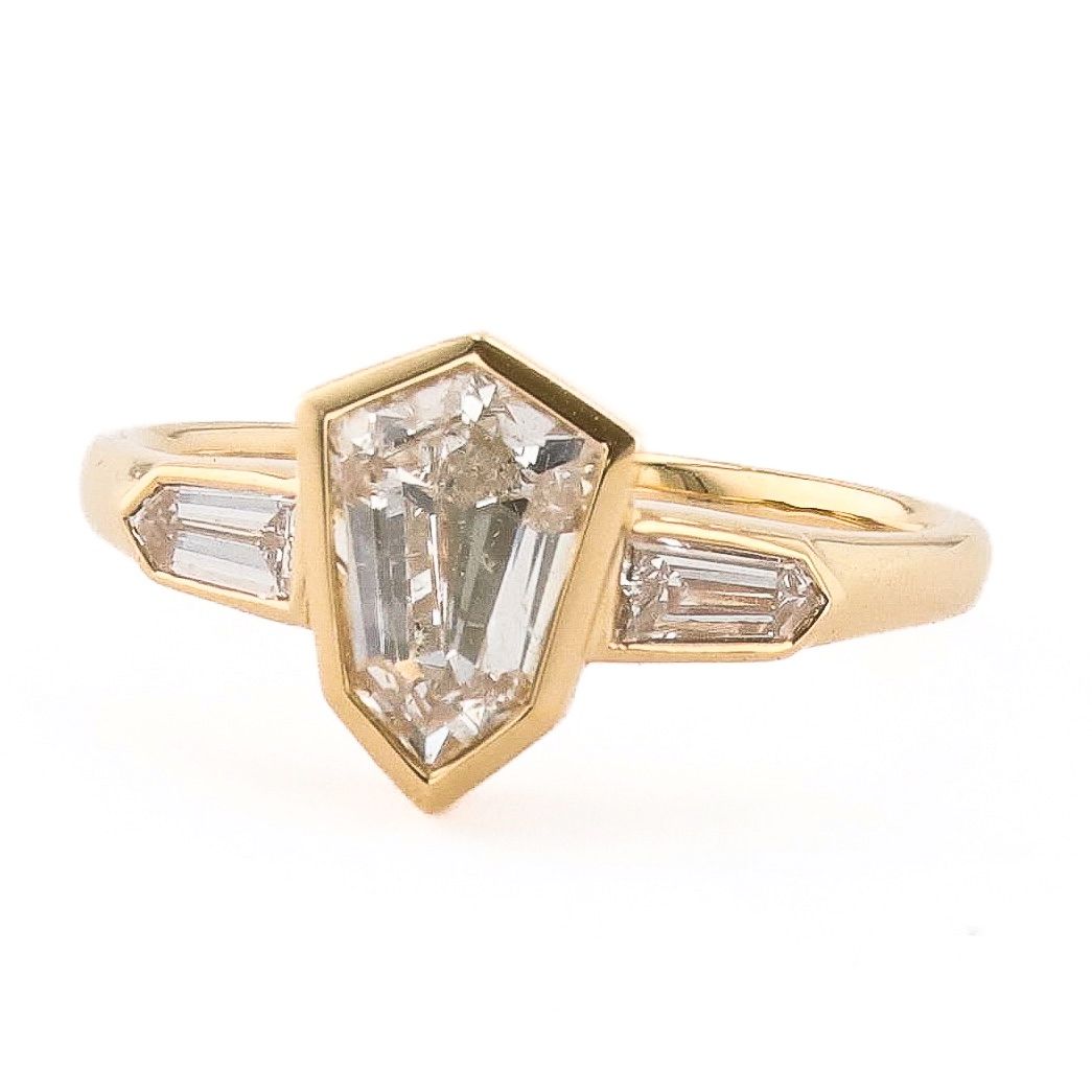 1.40 CARAT SHIELD CUT THREE STONE DIAMOND RING