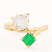 Load image into Gallery viewer, EMERALD AND ROSE CUT DIAMOND TOI ET MOI RING