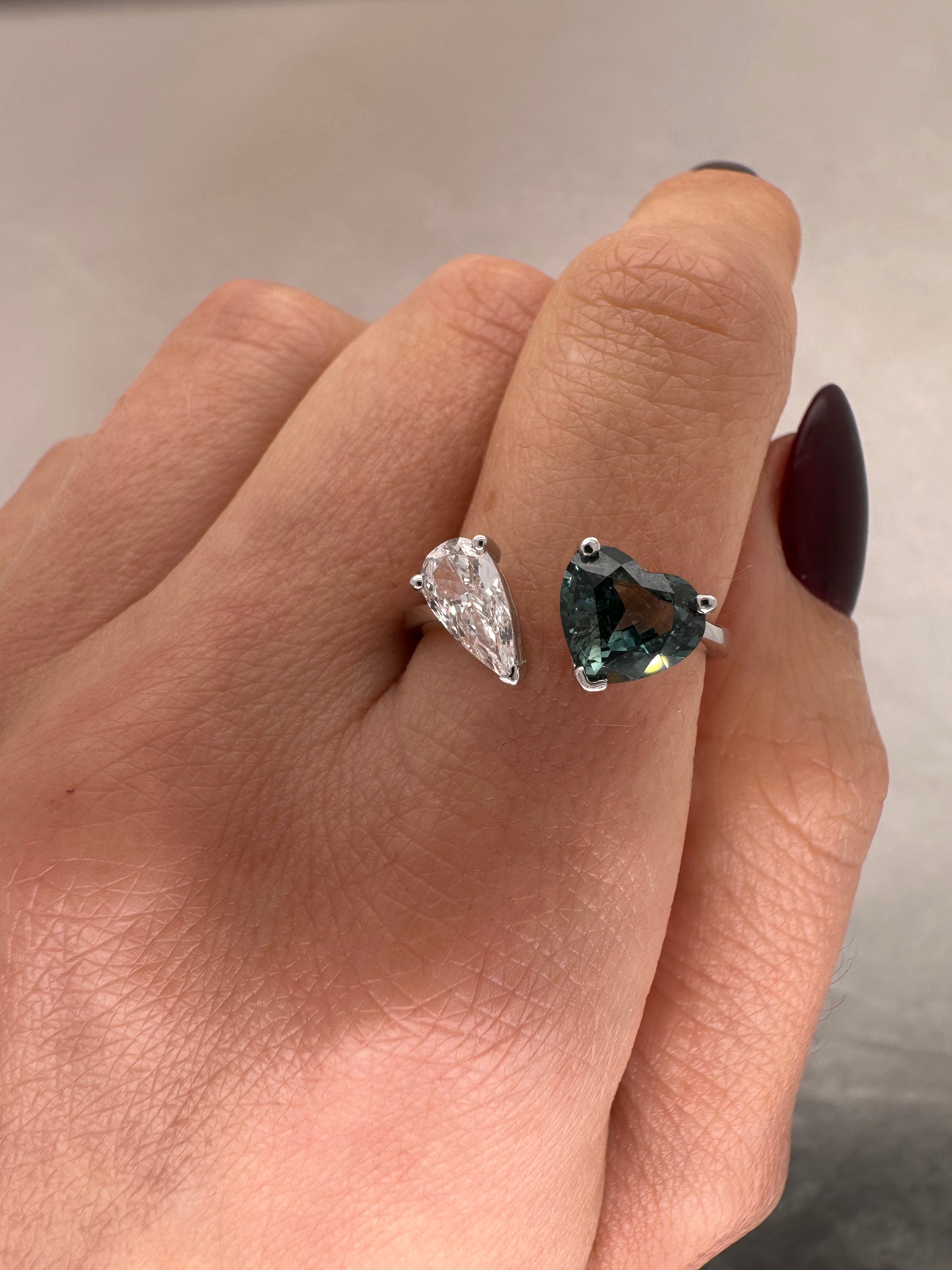 UNHEATED TEAL BLUE SAPPHIRE AND DIAMOND PEAR SHAPE TOI ET MOI