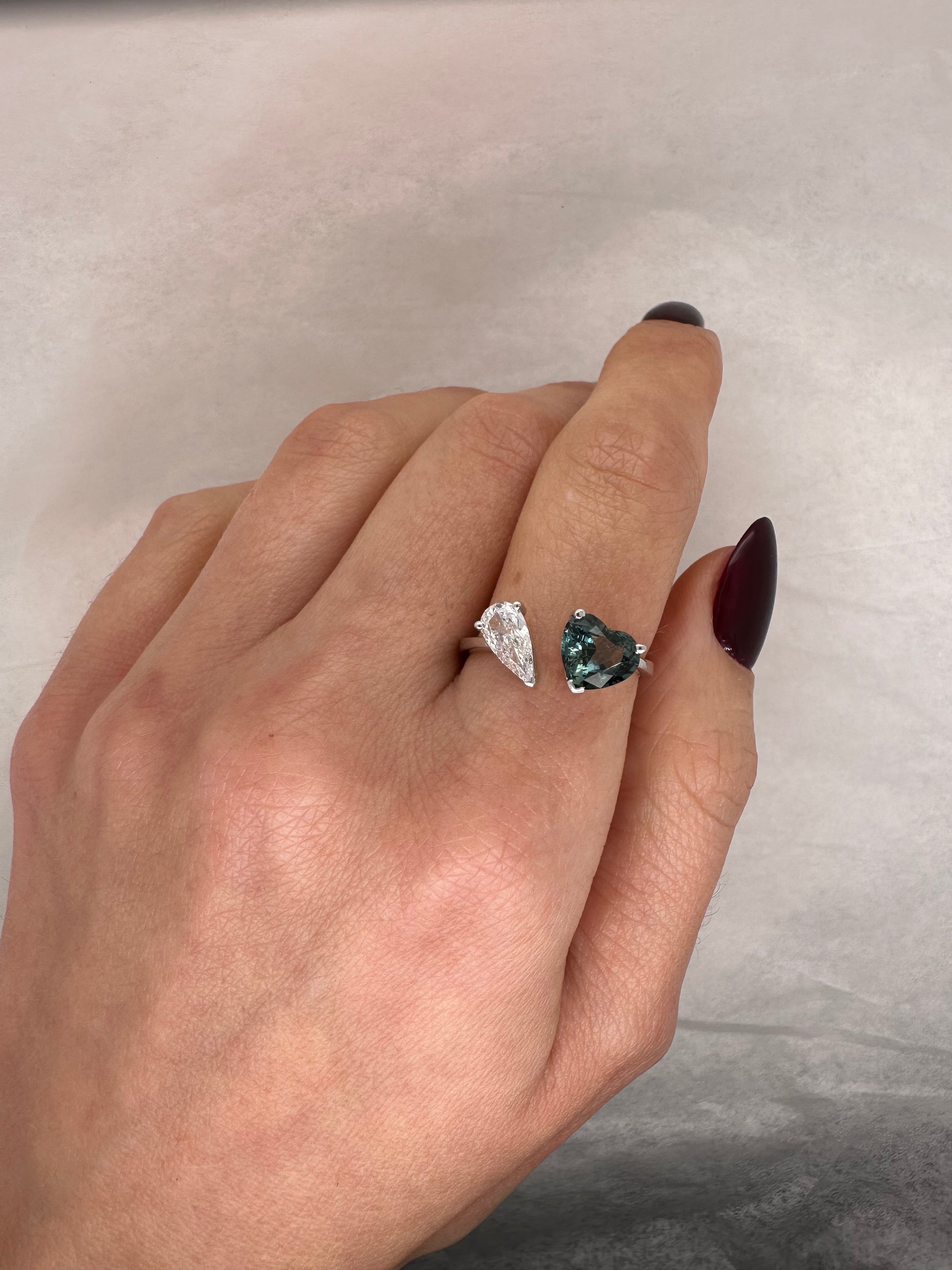 UNHEATED TEAL BLUE SAPPHIRE AND DIAMOND PEAR SHAPE TOI ET MOI