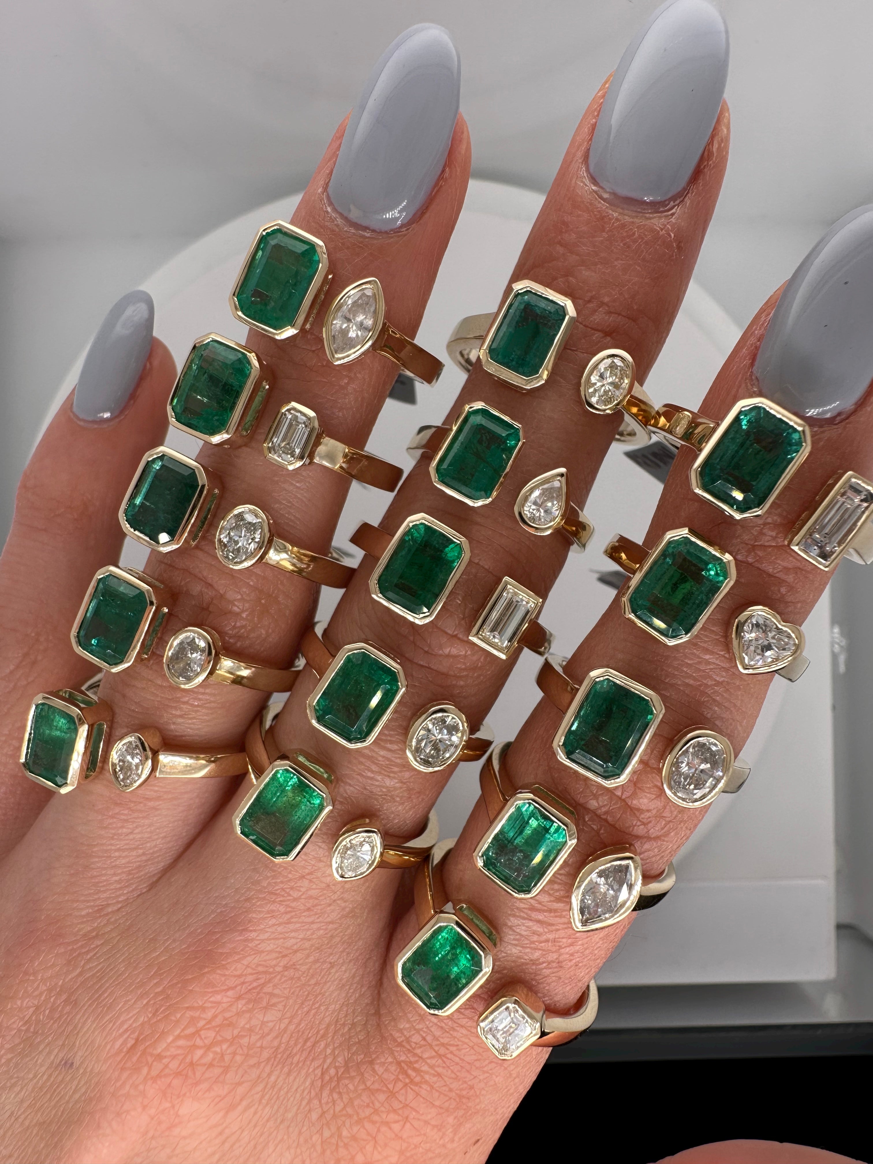 EMERALD AND DIAMOND BEZEL OPEN CUFF RING – O R I A N N E