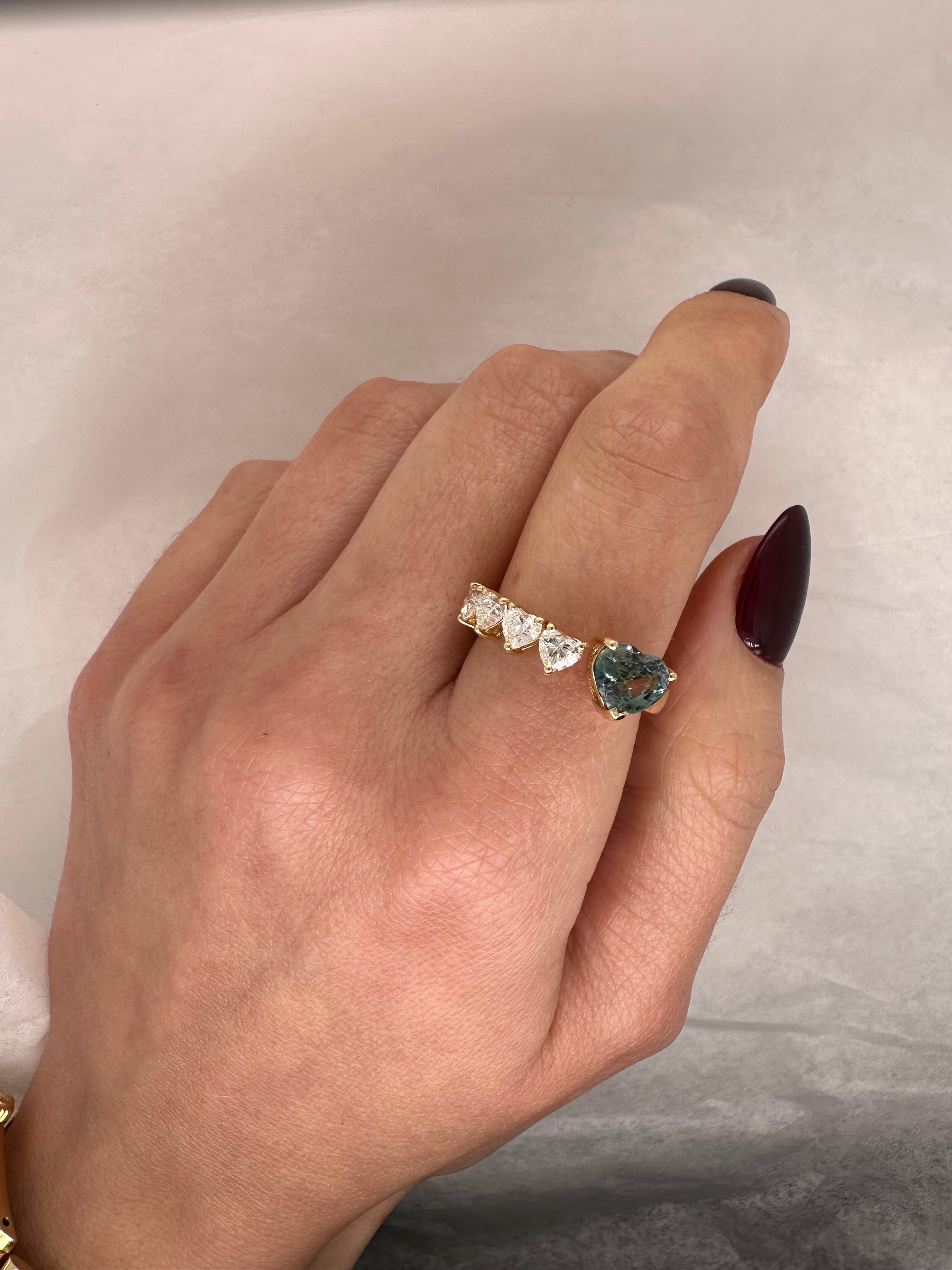 1.56 CARAT TEAL SAPPHIRE HEARTLINE RING