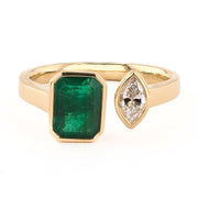 EMERALD AND DIAMOND BEZEL OPEN CUFF RING