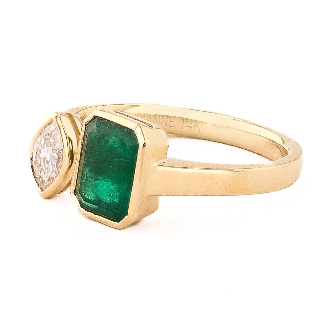 EMERALD AND DIAMOND BEZEL OPEN CUFF RING