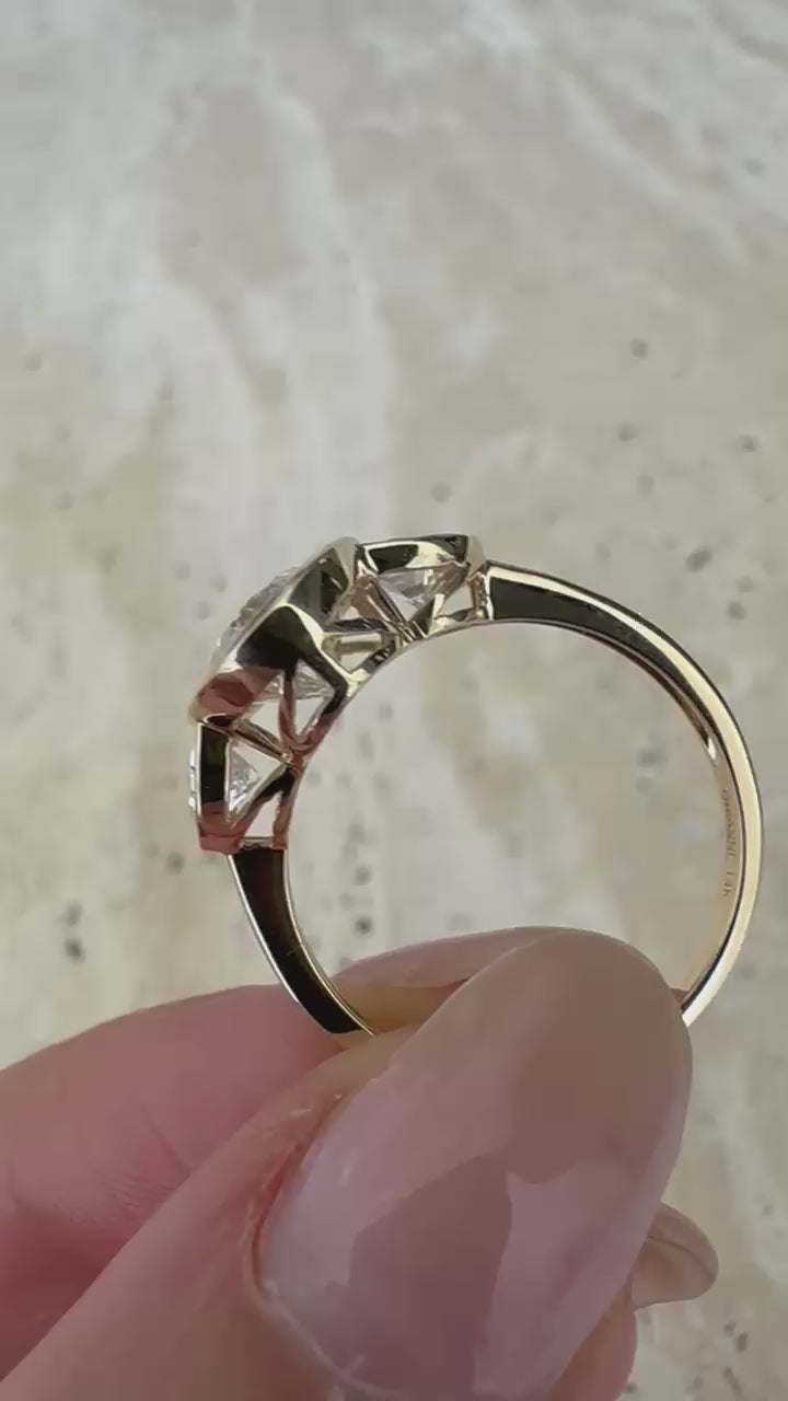 Load video: THREE STONE LAB GROWN OVAL AND HALF MOON DIAMOND RING