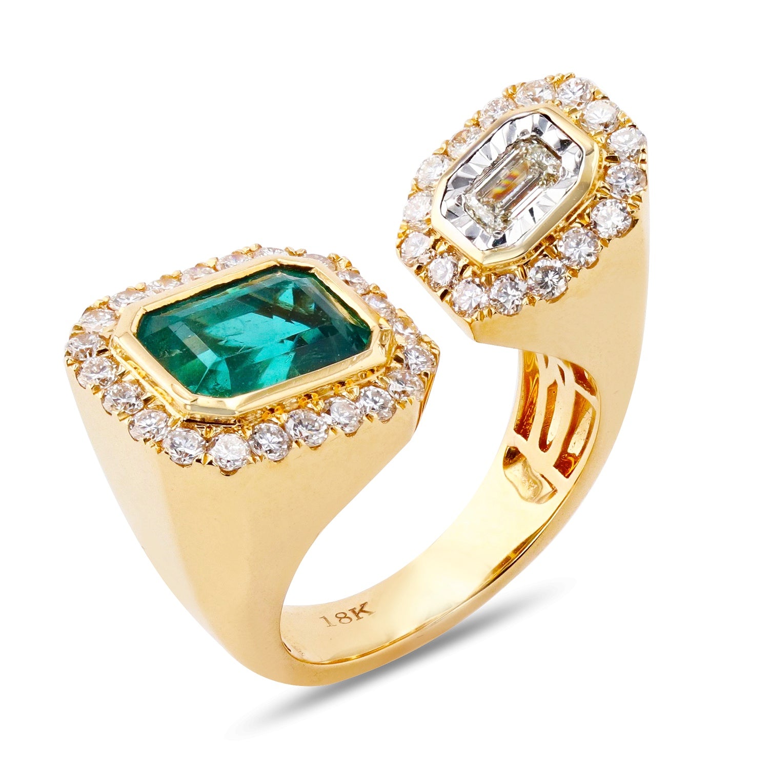 EMERALD AND DIAMOND TWO STONE CUFF RING