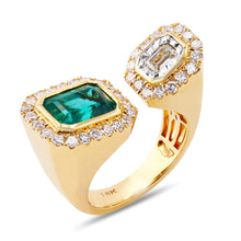 Load image into Gallery viewer, EMERALD AND DIAMOND TWO STONE CUFF RING