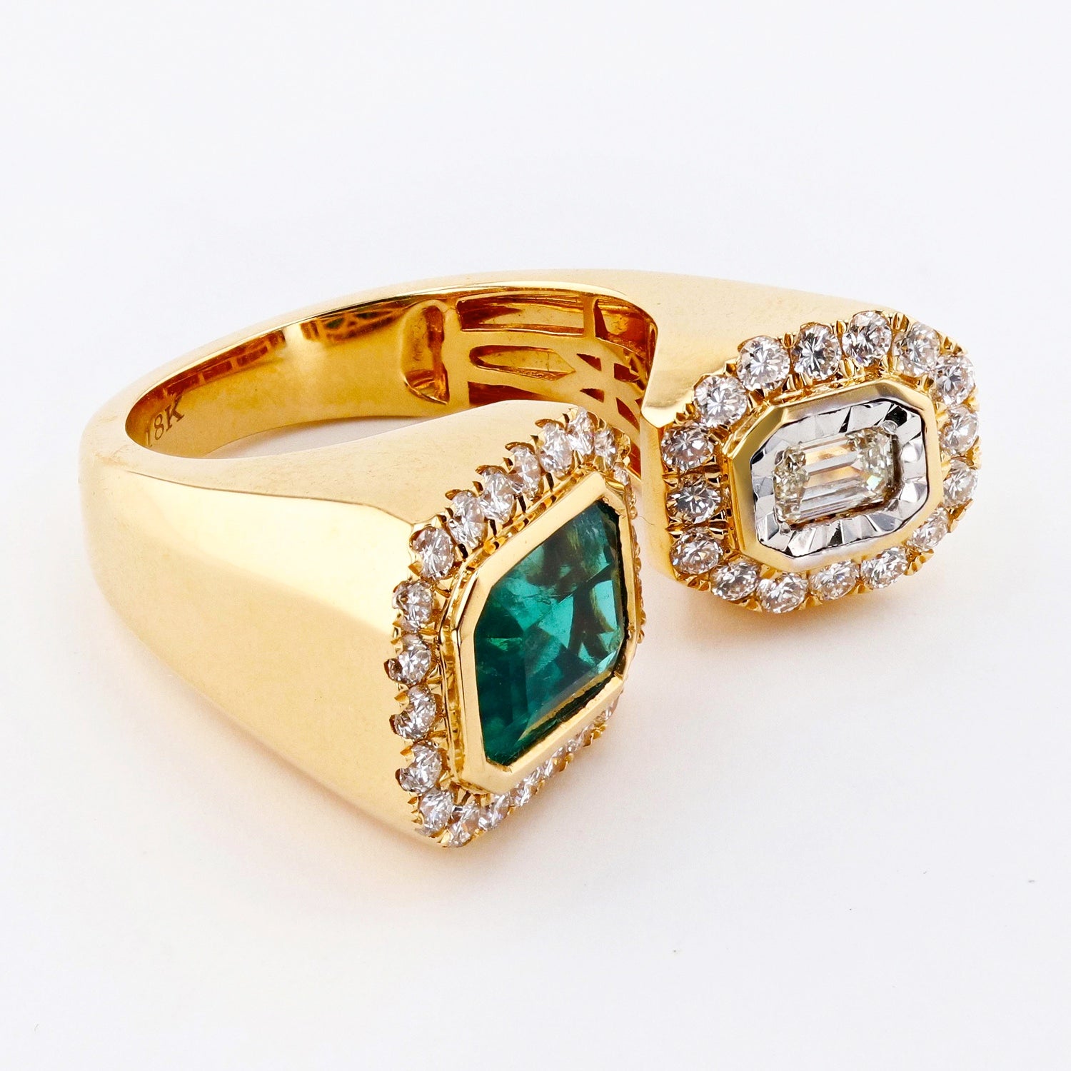 EMERALD AND DIAMOND TWO STONE CUFF RING